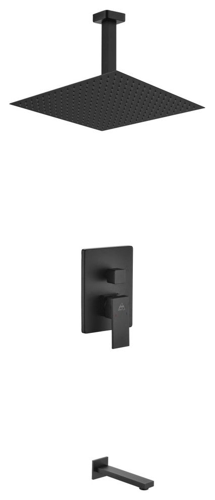 Matte Black Shower Set with 12In Ceiling Mount Square Rain Shower and Tub Filler