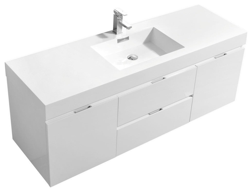 Bliss 60" Single Sink High Gloss White Wall Mount Modern Bathroom Vanity