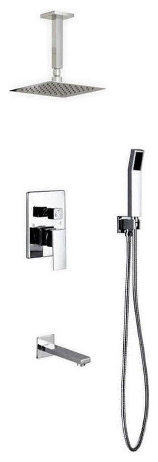 Brass Shower Set- 8In Ceiling Mount Square Rain Shower- Handheld- Tub Filler