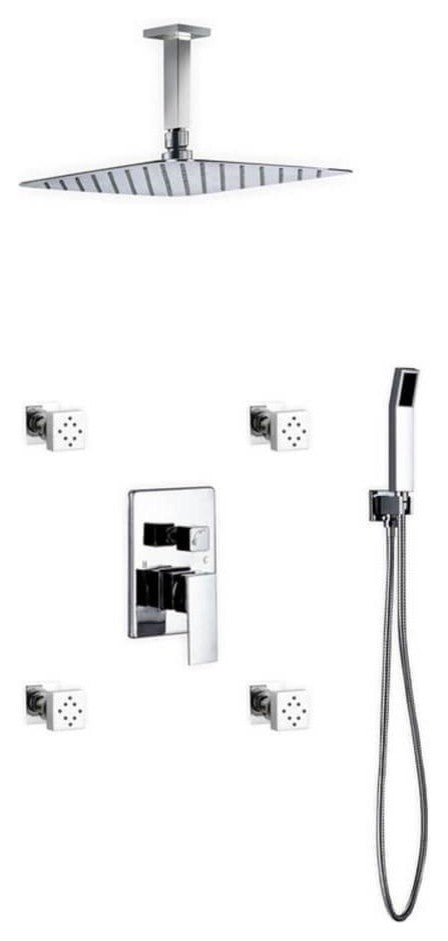 Brass Shower Set- 12In Ceiling Mount Square Rain Shower- 4 Body Jets- Handheld