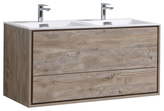 DeLusso 48" Double Sink Nature Wood Wall Mount Modern Bathroom Vanity