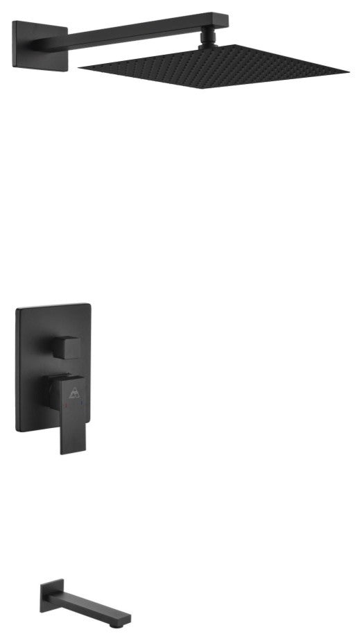 Aqua Piazza Matte Black Shower Set with 12In Square Rain Shower and Tub Filler