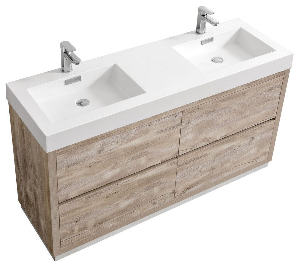 Bliss 60" Double  Sink Nature Wood Free Standing Modern Bathroom Vanity