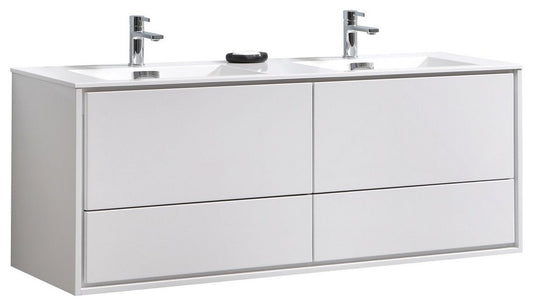 DeLusso 60" Double Sink High Glossy White Wall Mount Modern Bathroom Vanity