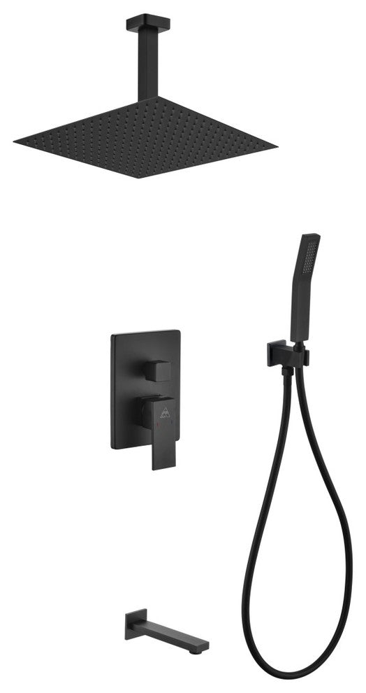 Matte Black Shower Set 12In Ceiling Mount Square Rain Shower- Handheld-Tub Filler