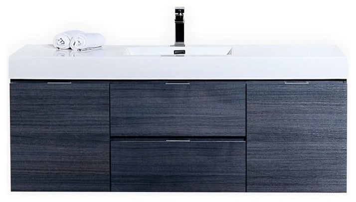 Bliss 60" Single Sink High Gloss Gray Oak Wall Mount Modern Bathroom Vanity