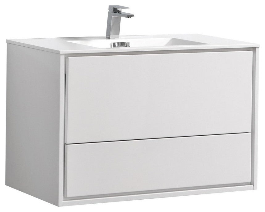 DeLusso 36" High Glossy White Wall Mount Modern Bathroom Vanity