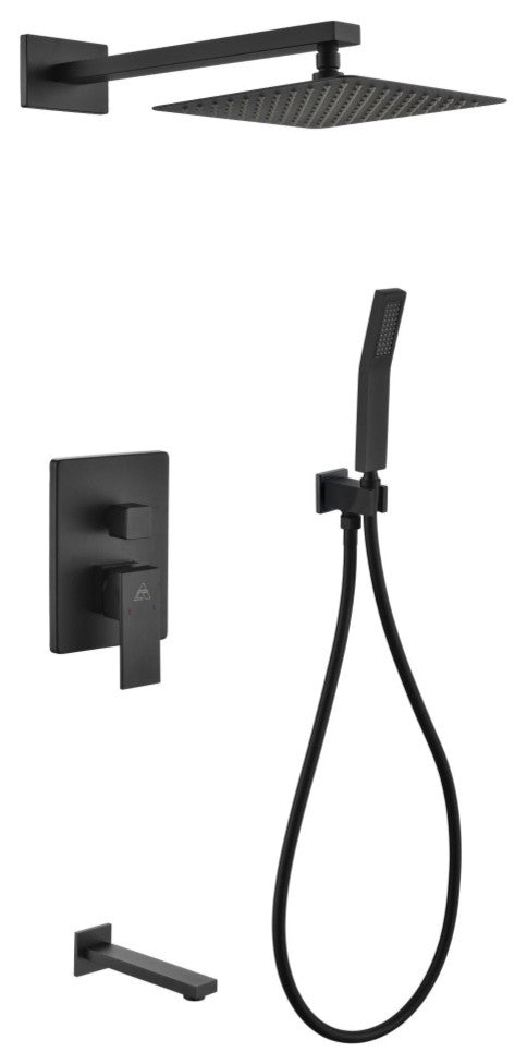 Matte Black Shower Set with 8In Square Rain Shower- Tub Filler and Handheld