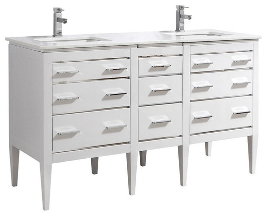 Eiffel 60'' Double Sink High Gloss White Vanity W/ Quartz Counter Top