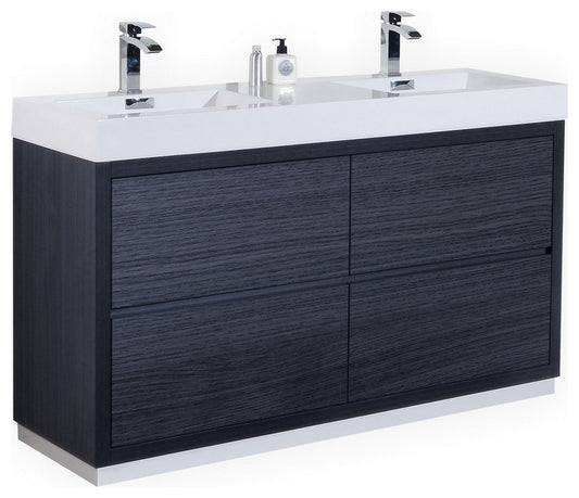 Bliss 60" Double Sink Gray Oak Free Standing Modern Bathroom Vanity