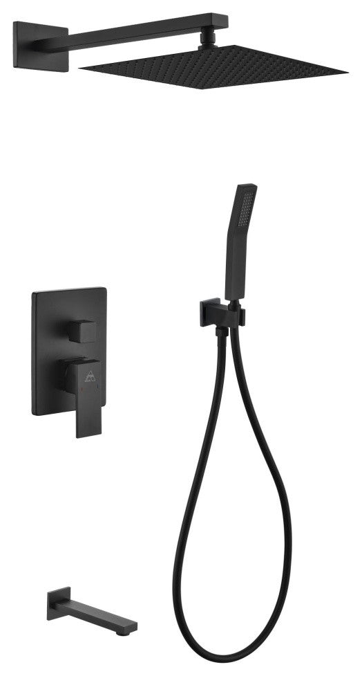 Matte Black Shower Set with 12In Square Rain Shower- Handheld and Tub Filler