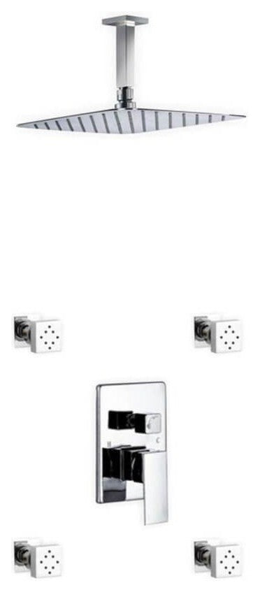 Brass Shower Set- 12In Ceiling Mount Square Rain Shower- 4 Body Jets