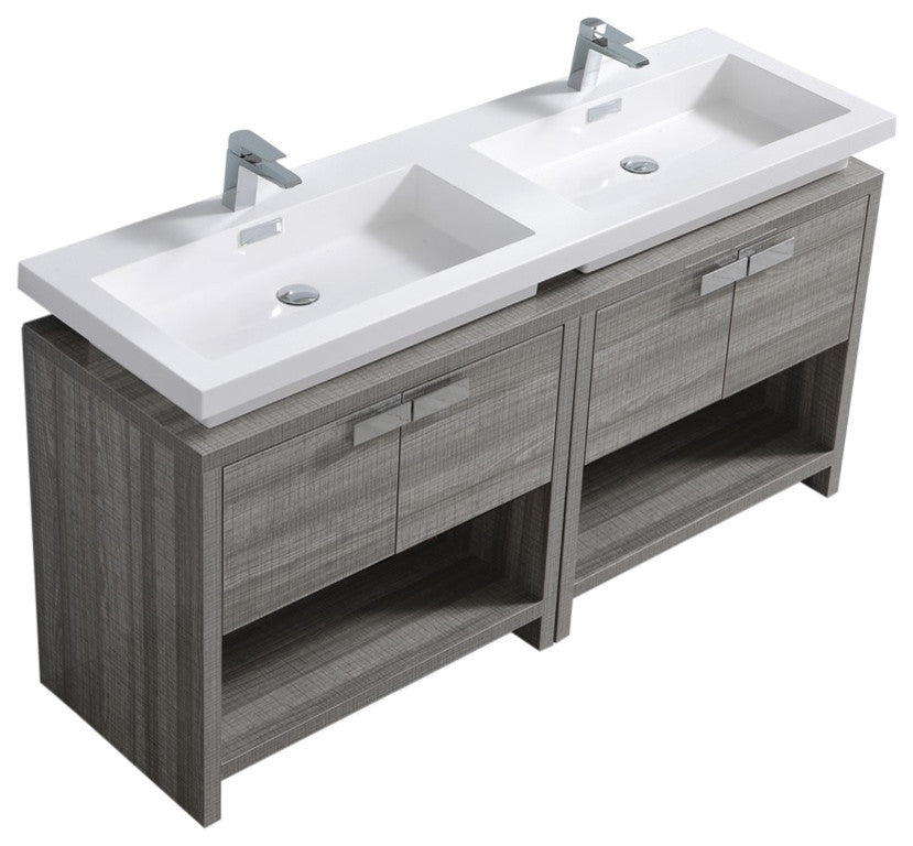 Levi 63" Ash Gray Modern Bathroom Vanity w/ Cubby Hole