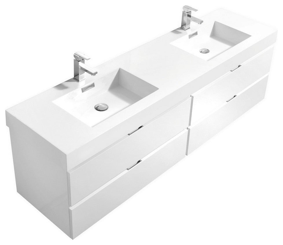 Bliss 72" Double Sink High Gloss White Wall Mount Modern Bathroom Vanity