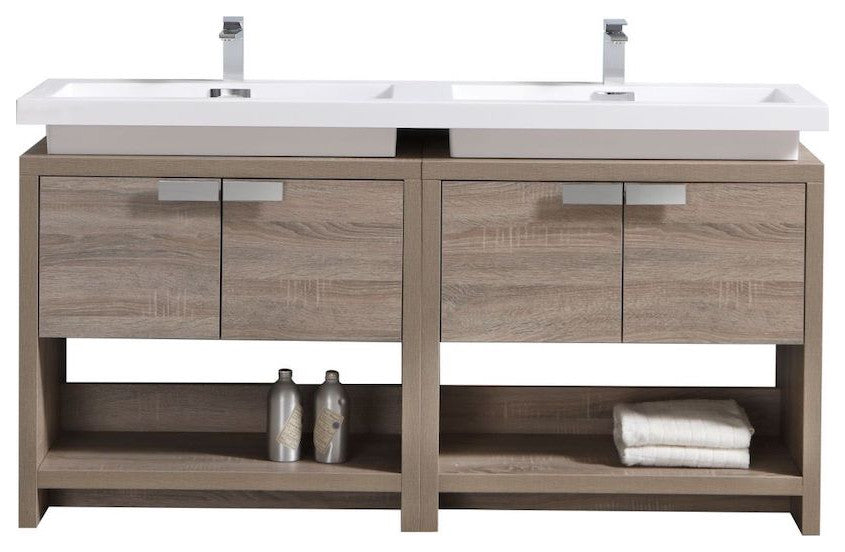 Levi 63" Havana Oak Modern Bathroom Vanity w/ Cubby Hole