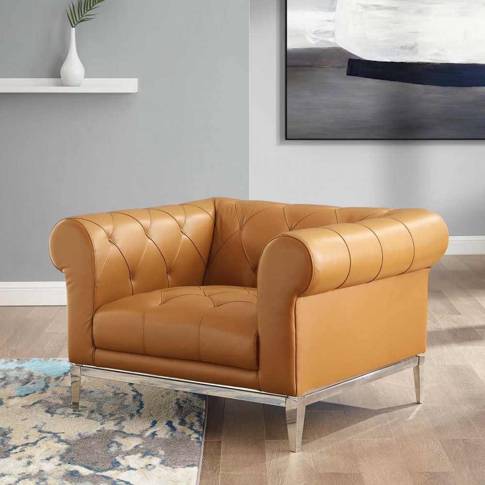 Idyll Tufted Button Upholstered Leather Chesterfield Armchair, Tan