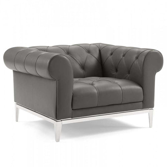 Idyll Tufted Button Upholstered Leather Chesterfield Armchair, Gray
