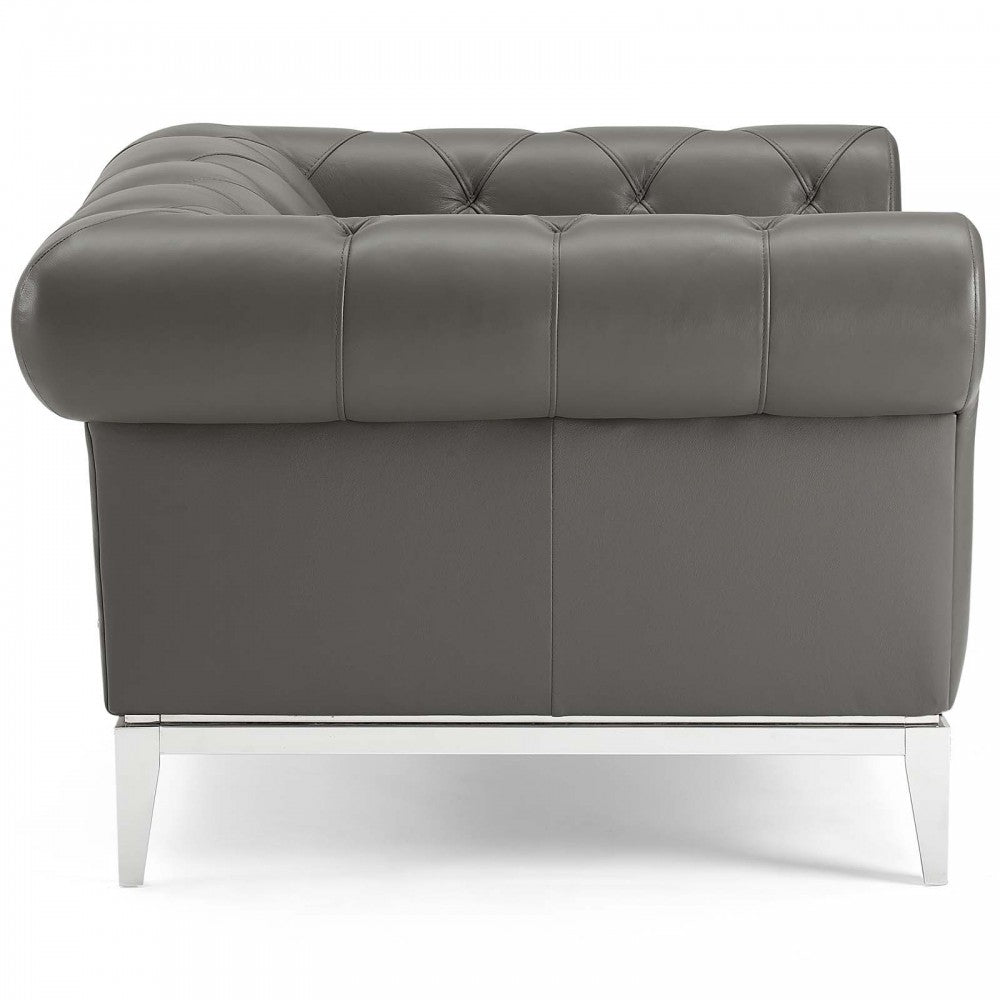 Idyll Tufted Button Upholstered Leather Chesterfield Armchair, Gray