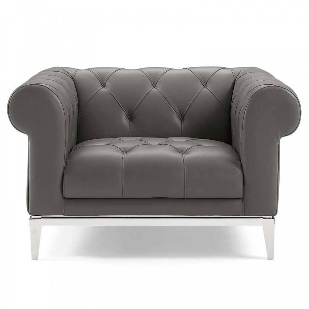 Idyll Tufted Button Upholstered Leather Chesterfield Armchair, Gray