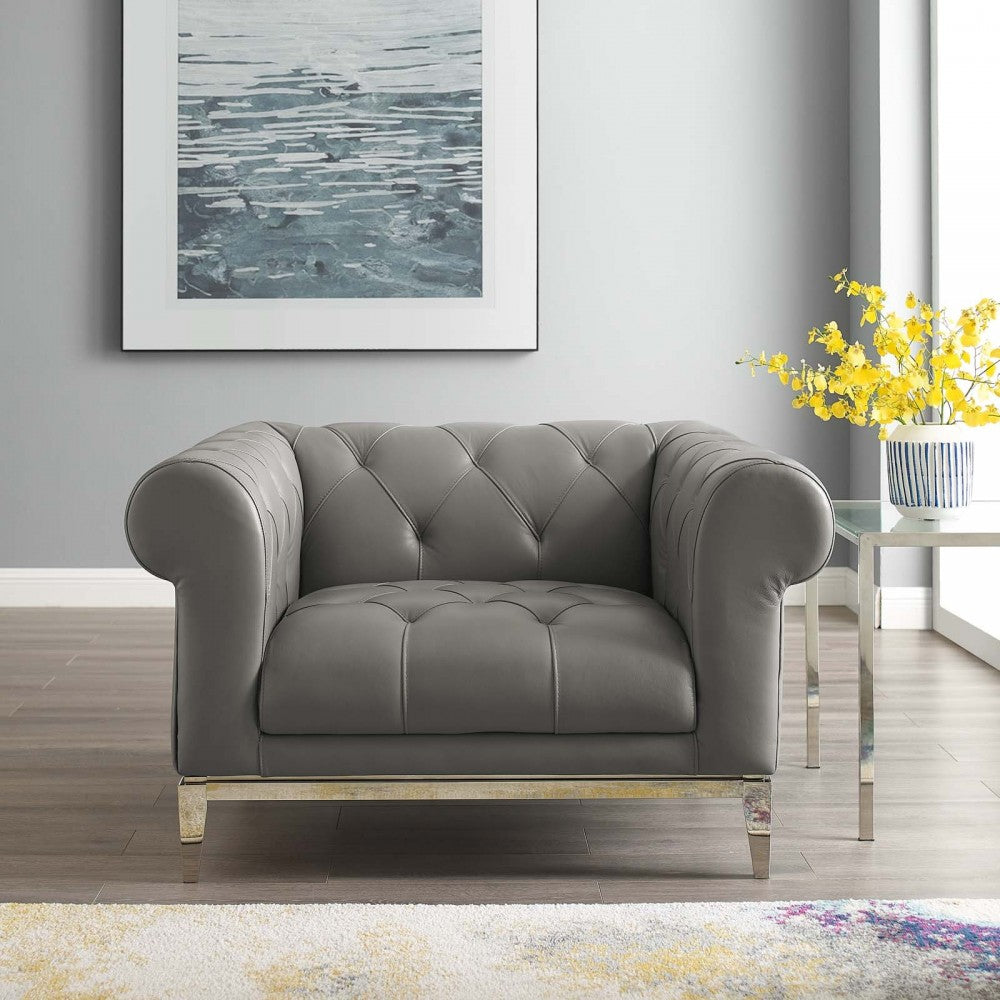 Idyll Tufted Button Upholstered Leather Chesterfield Armchair, Gray