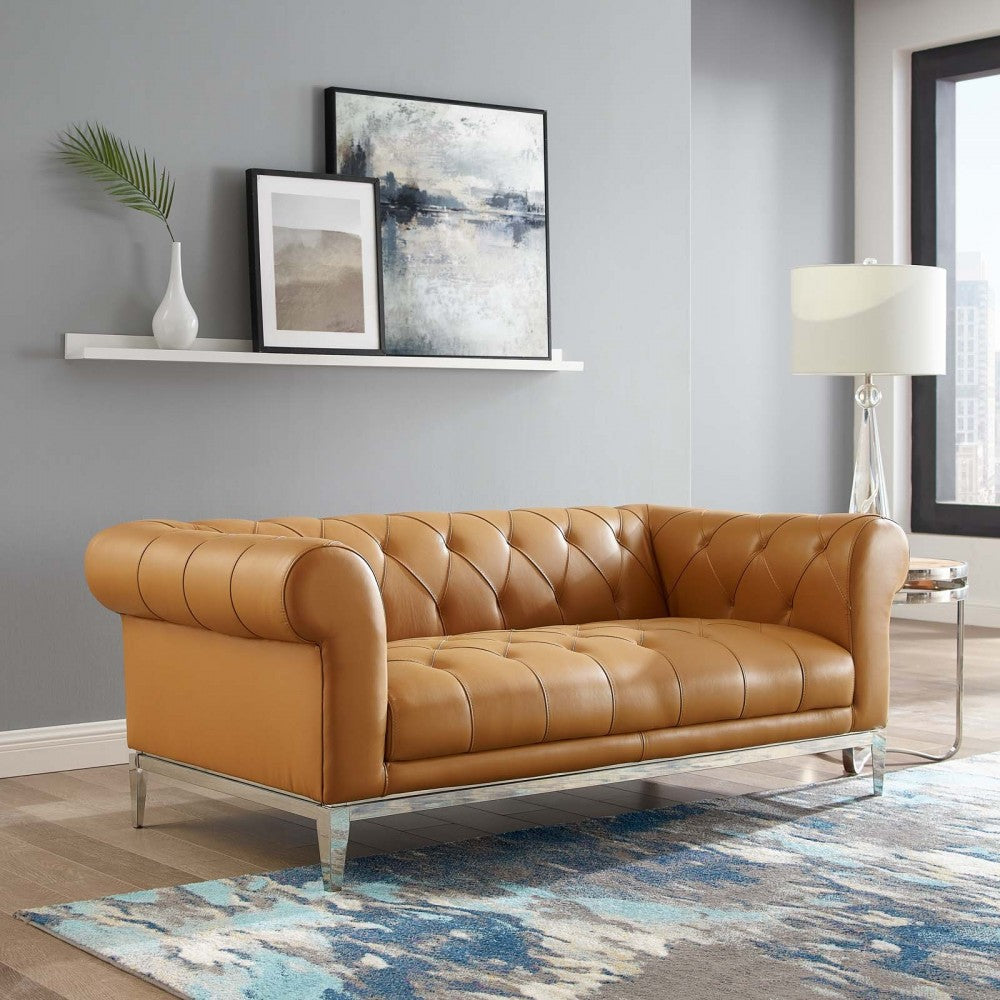 Idyll Tufted Button Upholstered Leather Chesterfield Loveseat, Tan