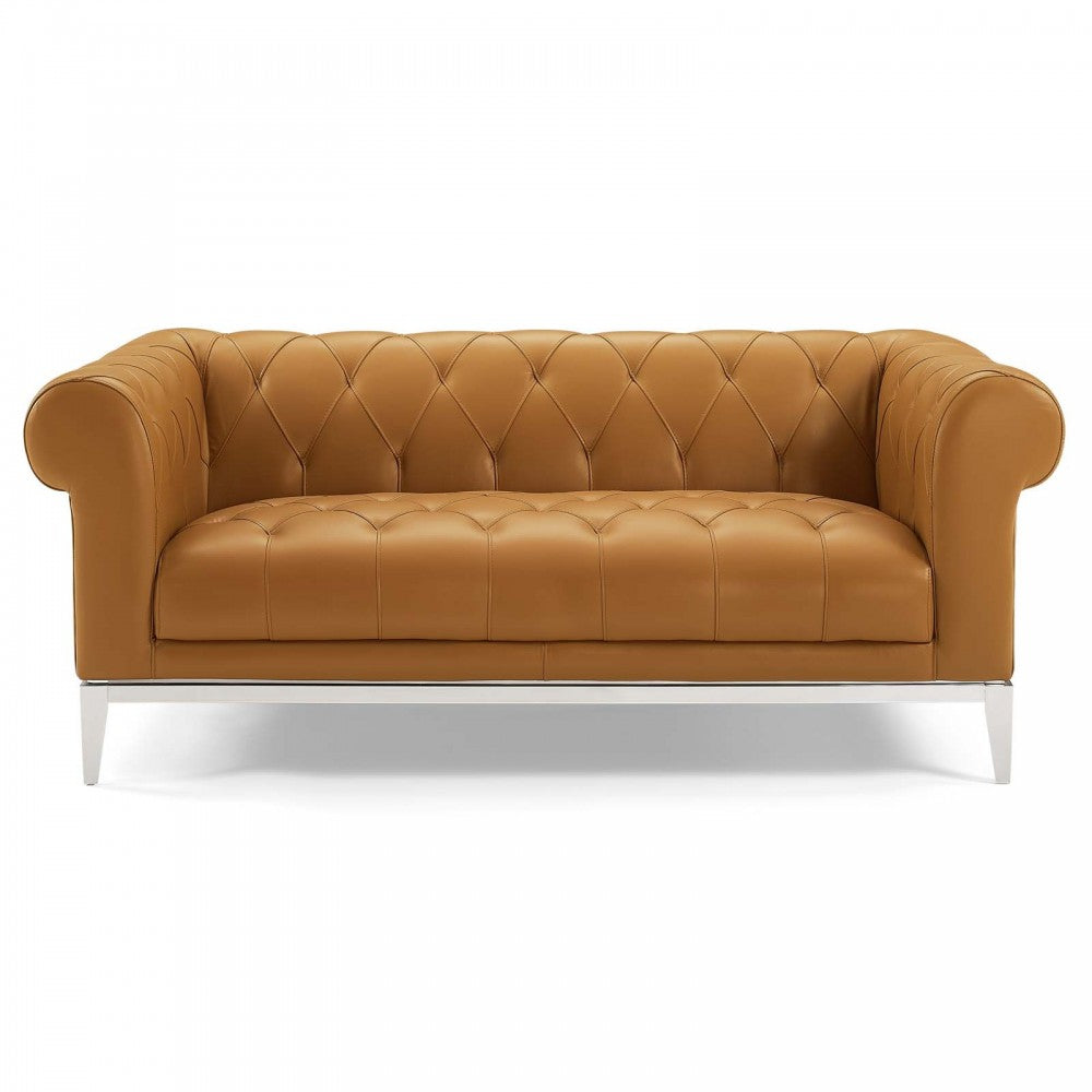 Idyll Tufted Button Upholstered Leather Chesterfield Loveseat, Tan