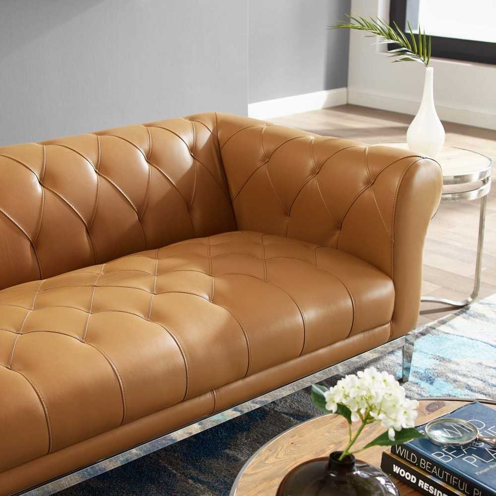 Idyll Tufted Button Upholstered Leather Chesterfield Loveseat, Tan