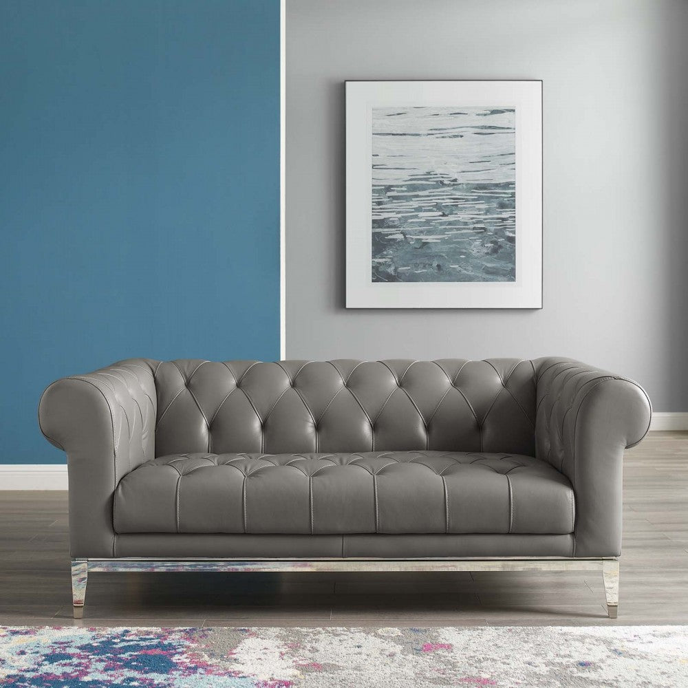 Idyll Tufted Button Upholstered Leather Chesterfield Loveseat, Gray