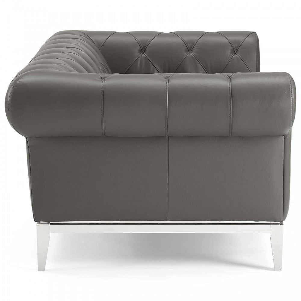 Idyll Tufted Button Upholstered Leather Chesterfield Loveseat, Gray