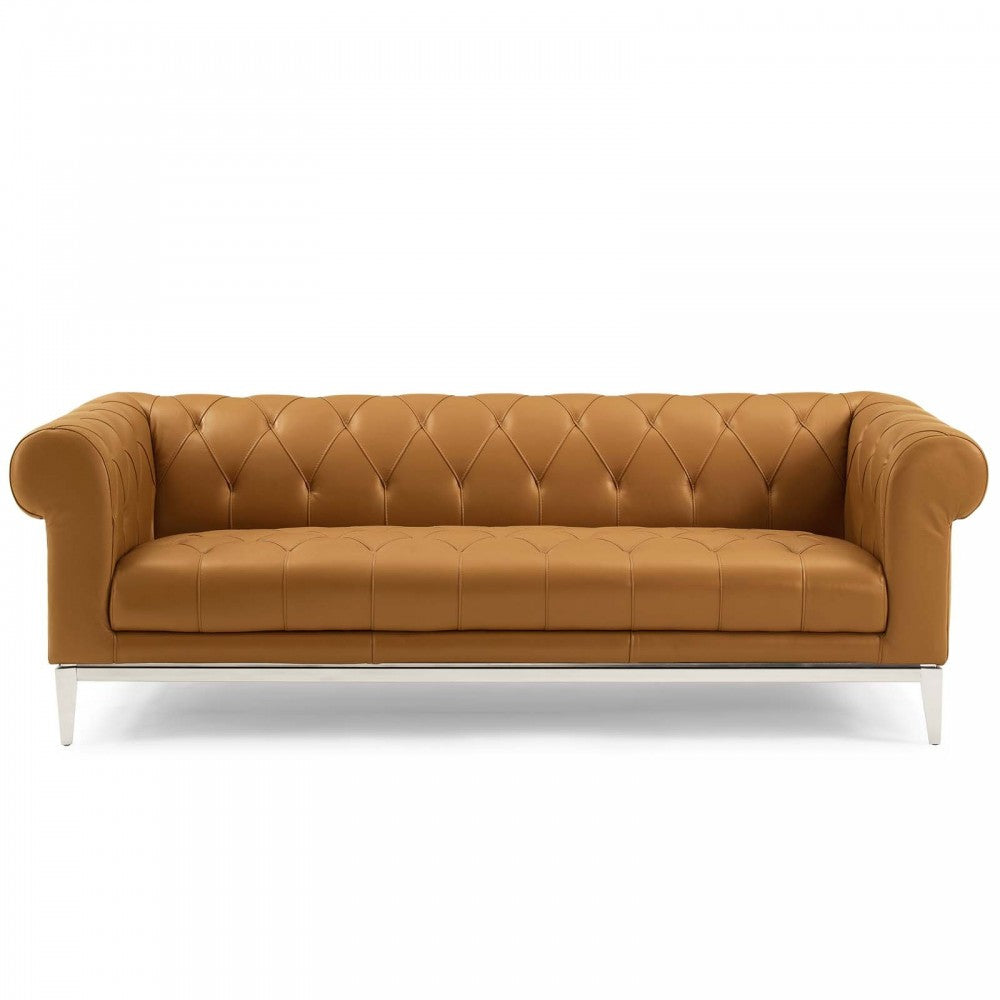 Idyll Tufted Button Upholstered Leather Chesterfield Sofa, Tan