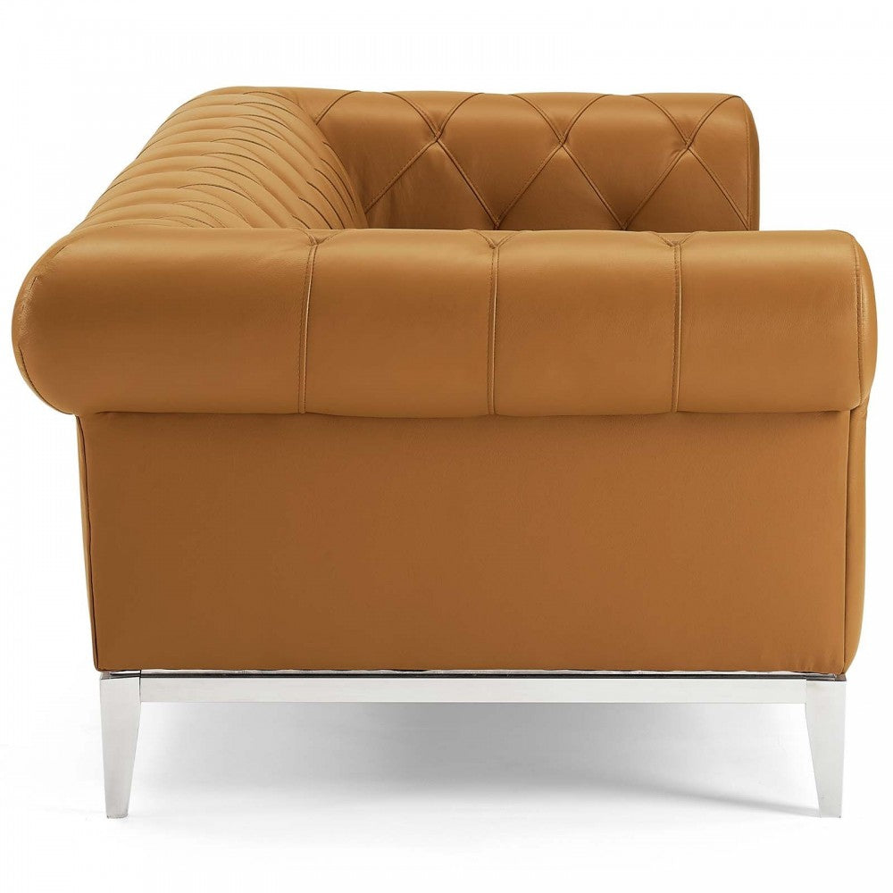 Idyll Tufted Button Upholstered Leather Chesterfield Sofa, Tan