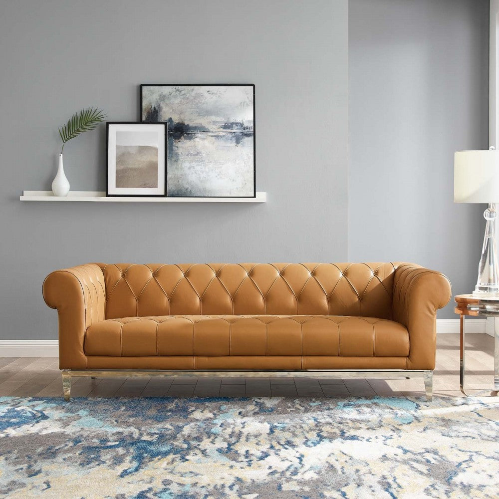 Idyll Tufted Button Upholstered Leather Chesterfield Sofa, Tan