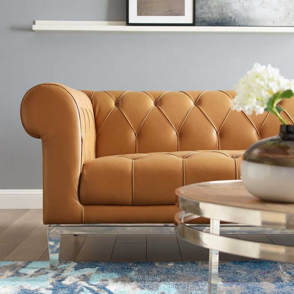 Idyll Tufted Button Upholstered Leather Chesterfield Sofa, Tan