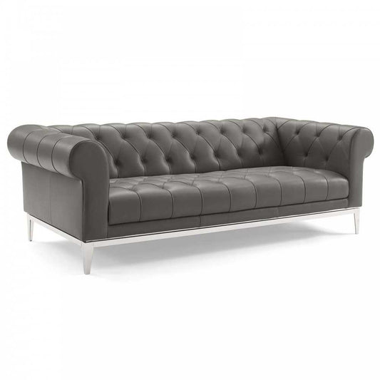 Idyll Tufted Button Upholstered Leather Chesterfield Sofa, Gray