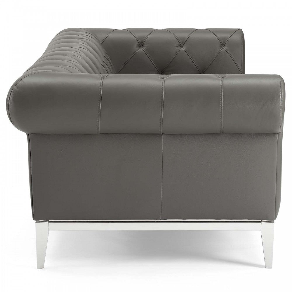 Idyll Tufted Button Upholstered Leather Chesterfield Sofa, Gray