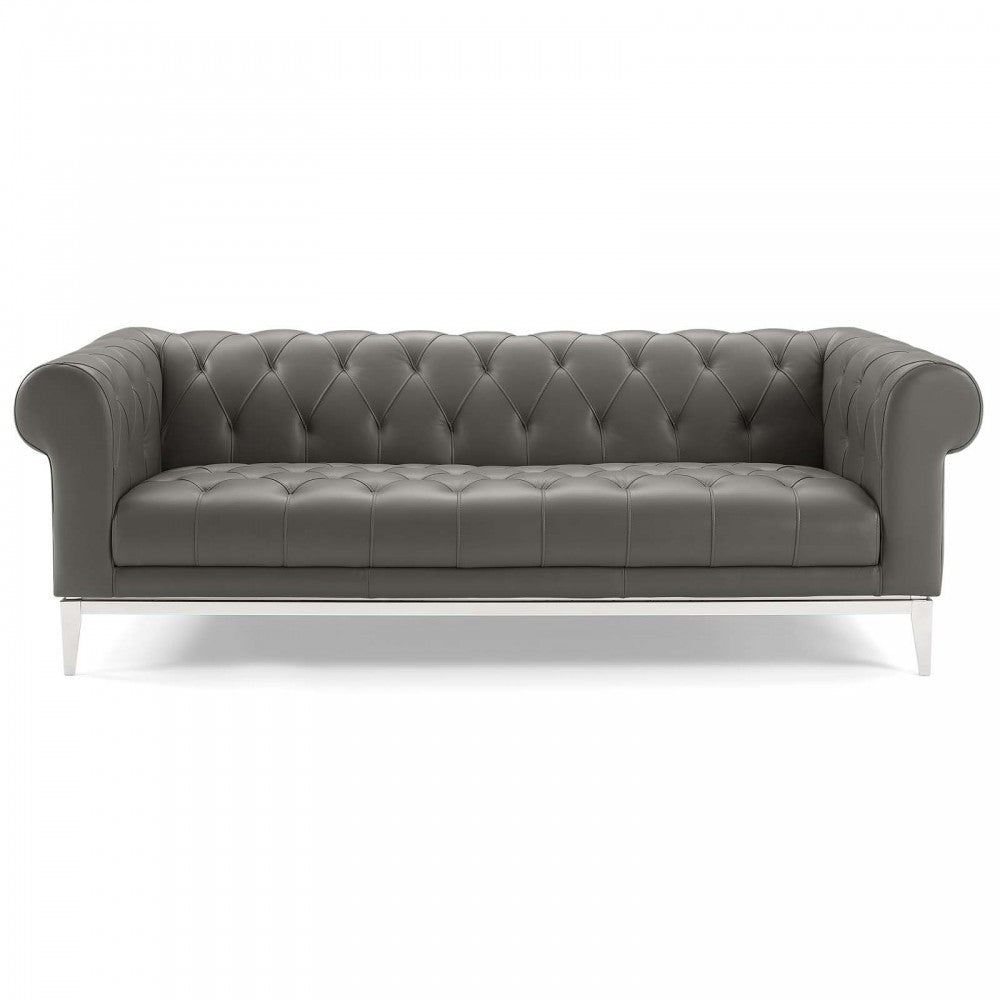 Idyll Tufted Button Upholstered Leather Chesterfield Sofa, Gray