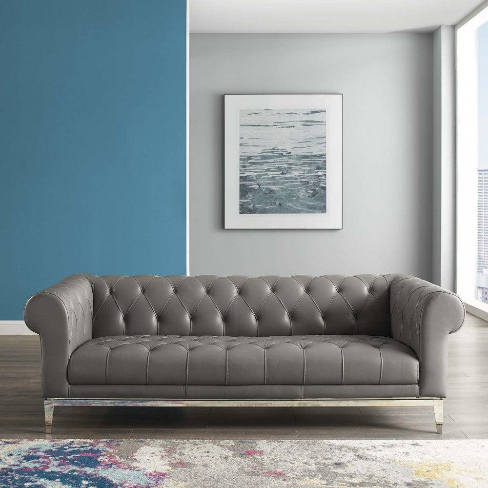 Idyll Tufted Button Upholstered Leather Chesterfield Sofa, Gray