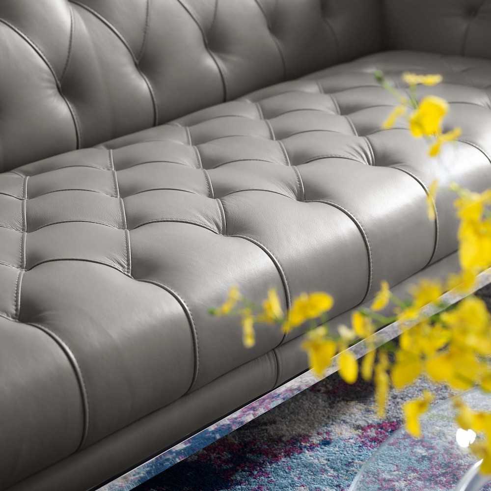 Idyll Tufted Button Upholstered Leather Chesterfield Sofa, Gray