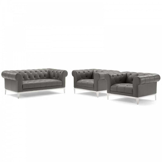 Idyll Tufted Upholstered Leather 3 Piece Set, Gray, EEI-4194-GRY-SET