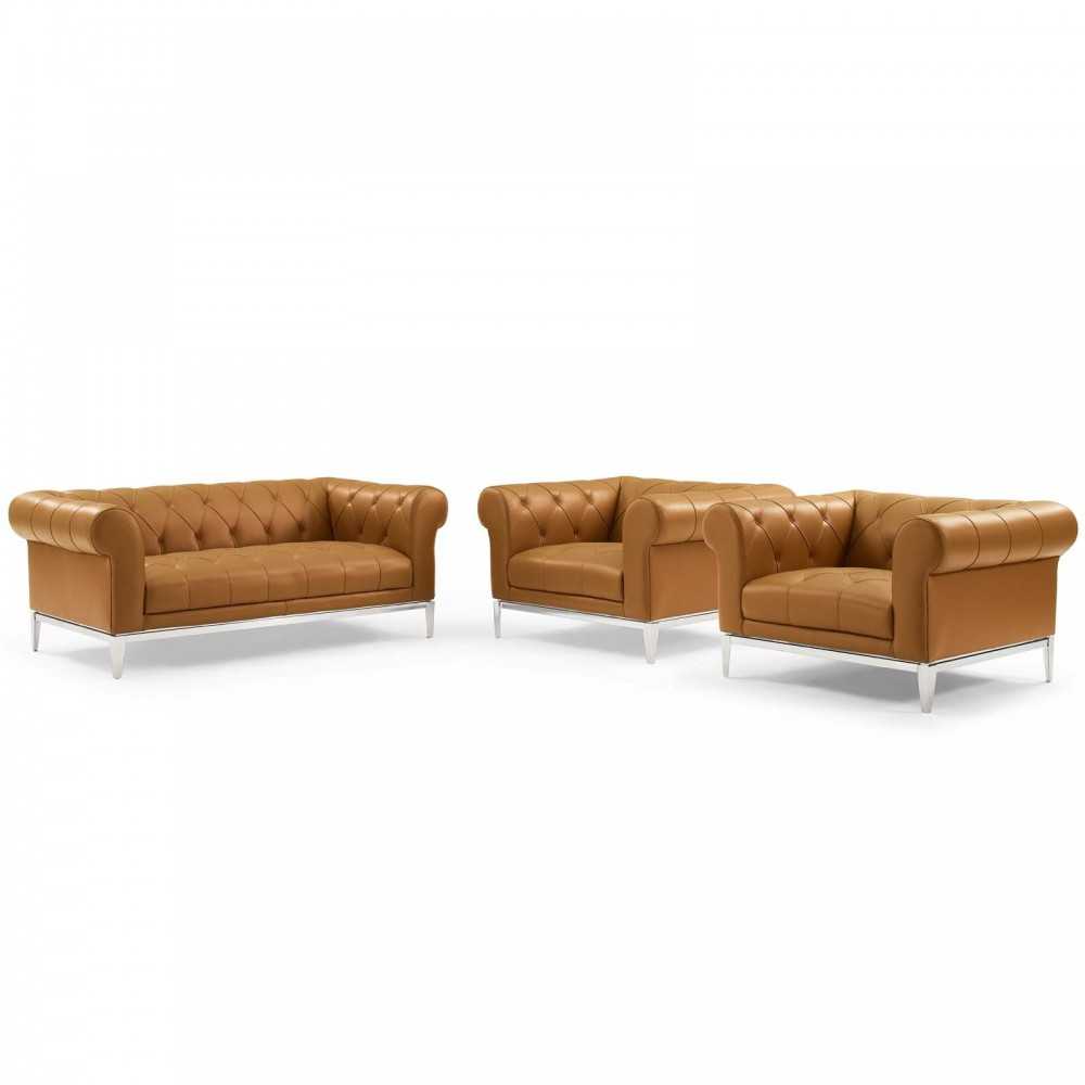 Idyll Tufted Upholstered Leather 3 Piece Set, Tan