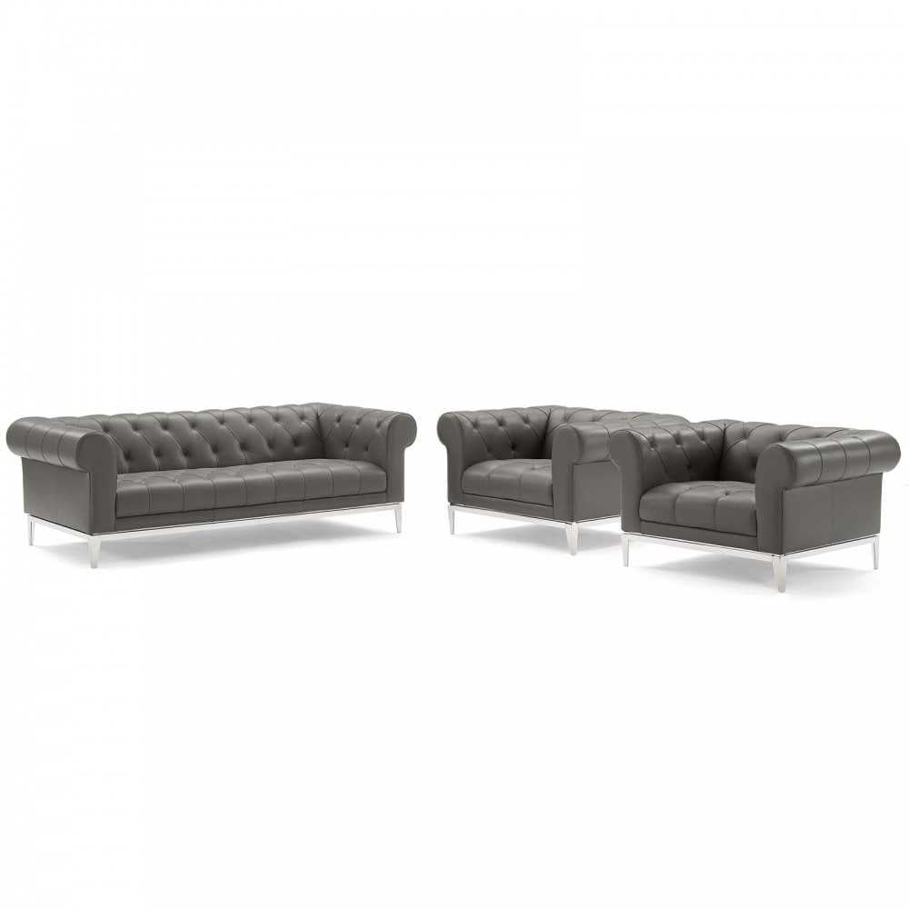 Idyll Tufted Upholstered Leather 3 Piece Set, Gray, EEI-4192-GRY-SET