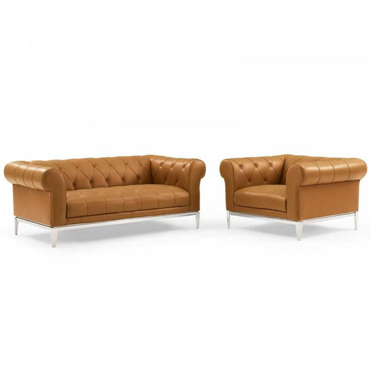 Idyll Tufted Upholstered Leather Loveseat and Armchair, Tan