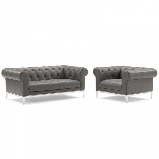 Idyll Tufted Upholstered Leather Loveseat and Armchair, Gray