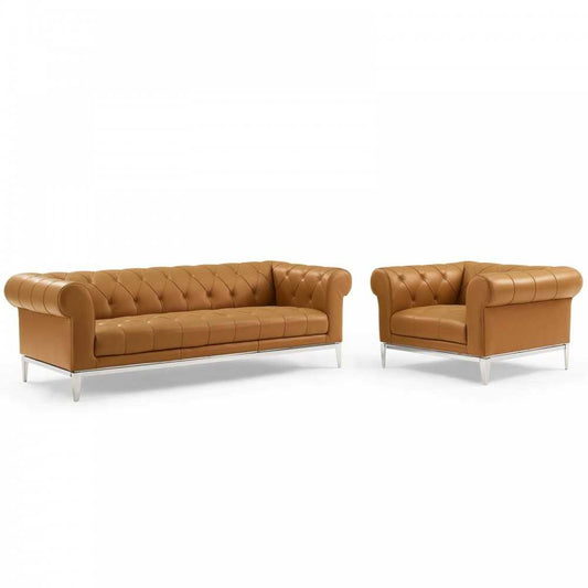 Idyll Tufted Upholstered Leather Sofa and Armchair Set, Tan