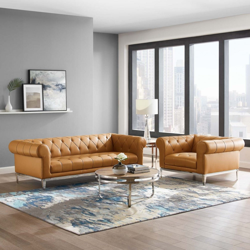 Idyll Tufted Upholstered Leather Sofa and Armchair Set, Tan