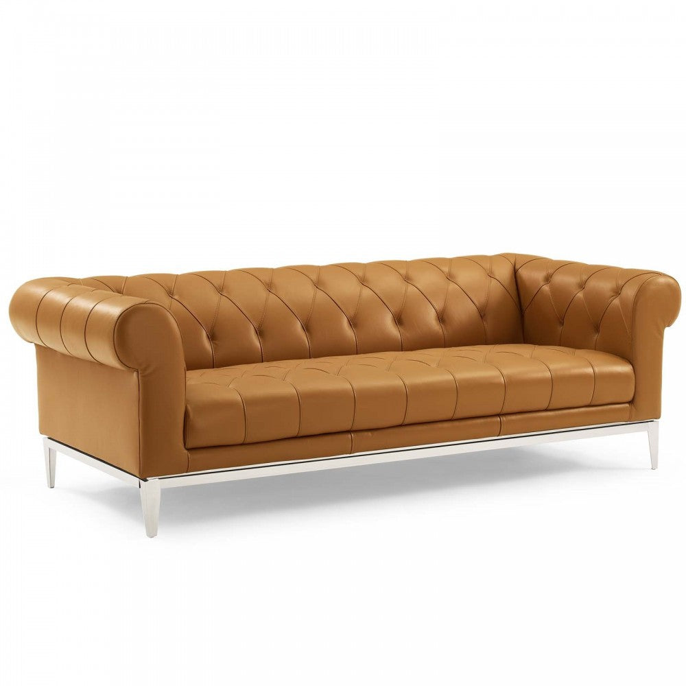 Idyll Tufted Upholstered Leather Sofa and Armchair Set, Tan