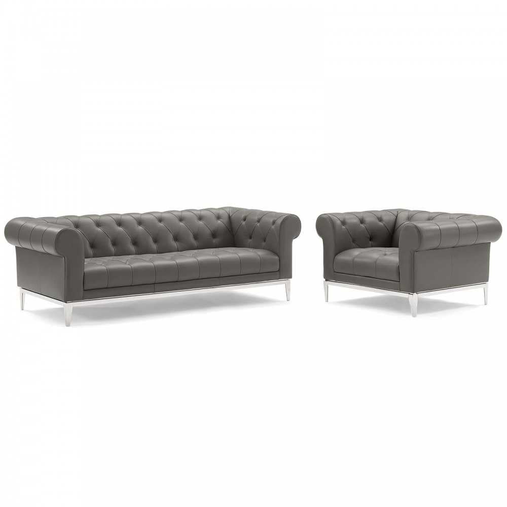 Idyll Tufted Upholstered Leather Sofa and Armchair Set, Gray
