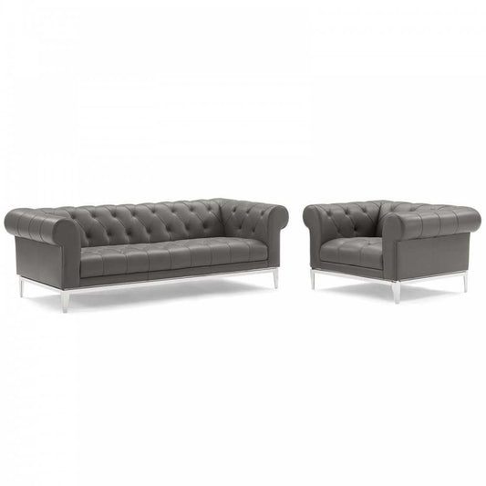 Idyll Tufted Upholstered Leather Sofa and Armchair Set, Gray