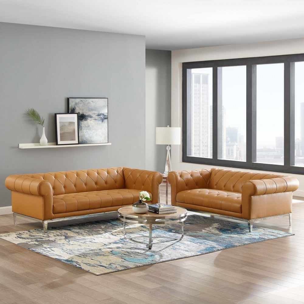 Idyll Tufted Upholstered Leather Sofa and Loveseat Set, Tan