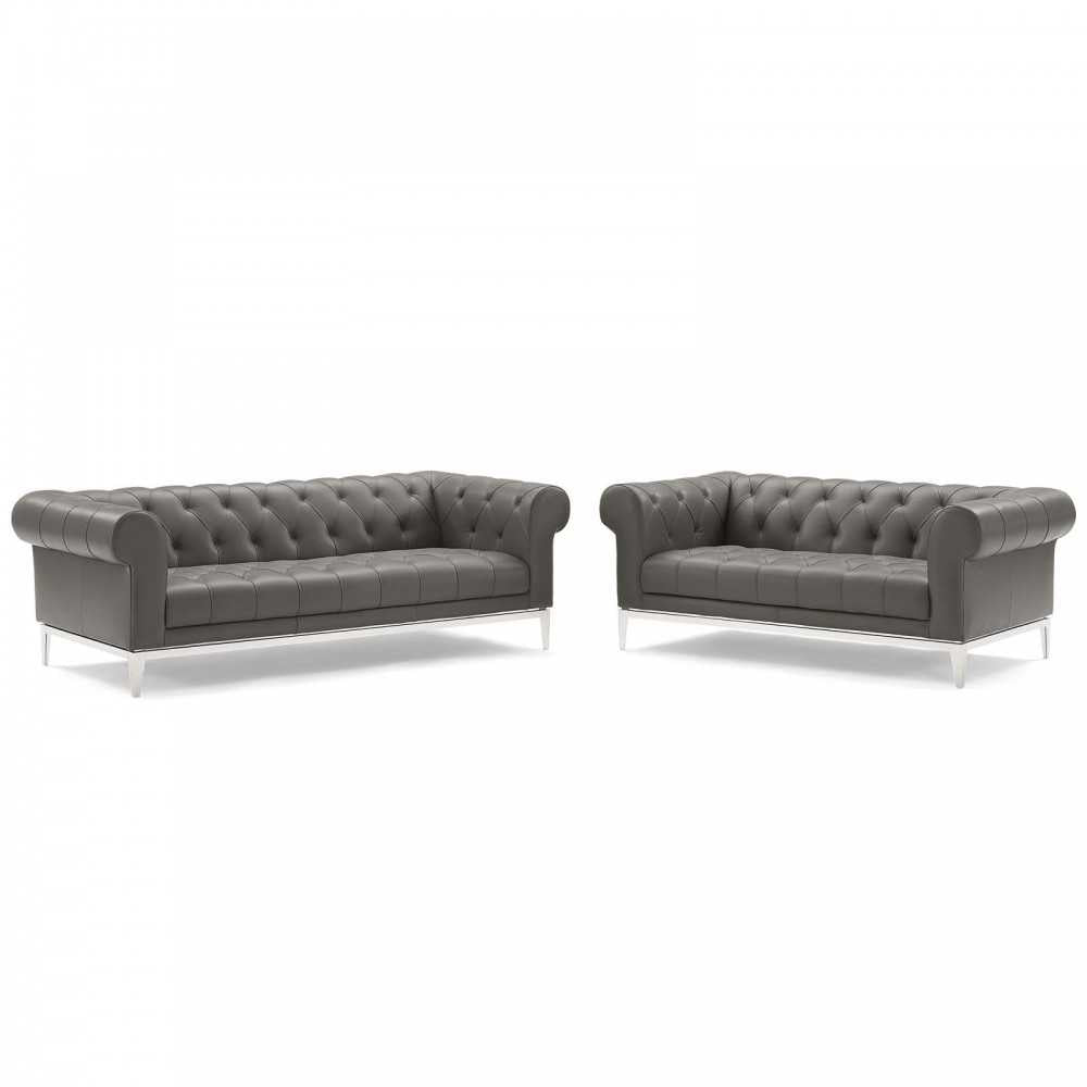 Idyll Tufted Upholstered Leather Sofa and Loveseat Set, Gray